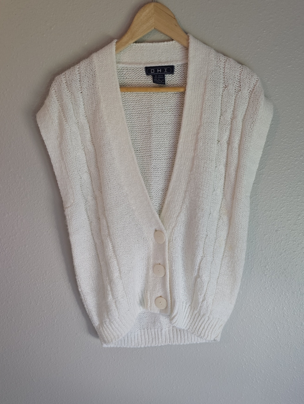 Vintage OHI Cable Knit Sweater Vest Cream V-Neck Button Front Size S